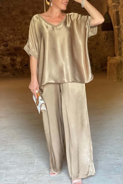 Women's V-Neck Tops Long Pants Set Casual Loose Outfit Summer Homewear Suit