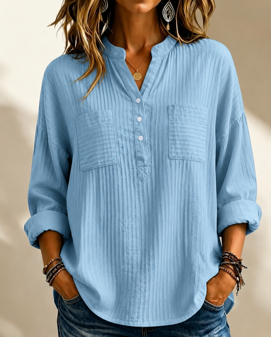 New Arrival 🔥 Women's Textured Casual Henley Neck Loose-Fit Shirt