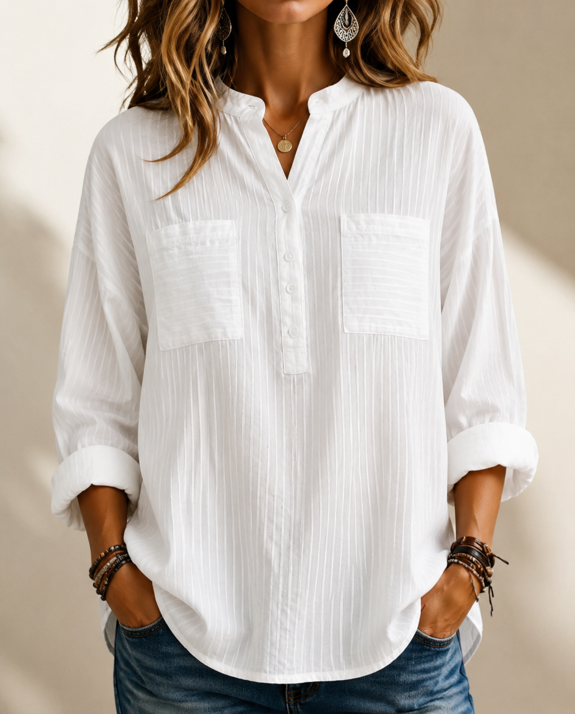 New Arrival 🔥 Women's Textured Casual Henley Neck Loose-Fit Shirt