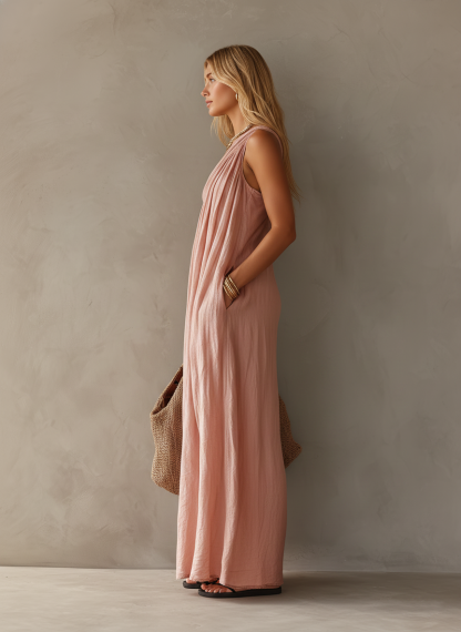 Women's Elegant Pink Cotton-Linen One-Shoulder Sleeveless Maxi Dress