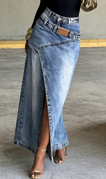 Women's Denim High Waisted Asymmetrical Slit Maxi Skirt