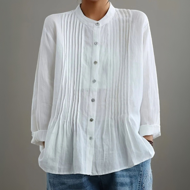 Women's Casual Cotton And Linen Pleated Shirt