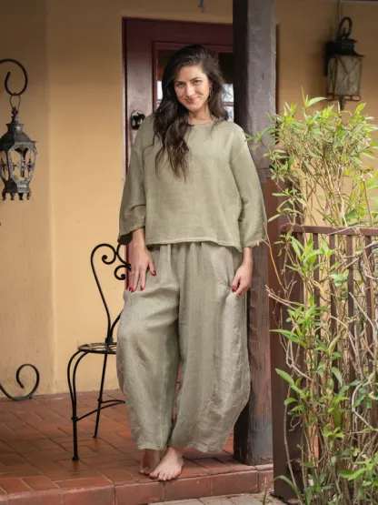 Women's Plum Linen Cotton 3/4 Sleeve Top & Balloon Wide Leg Pants Two Piece Set