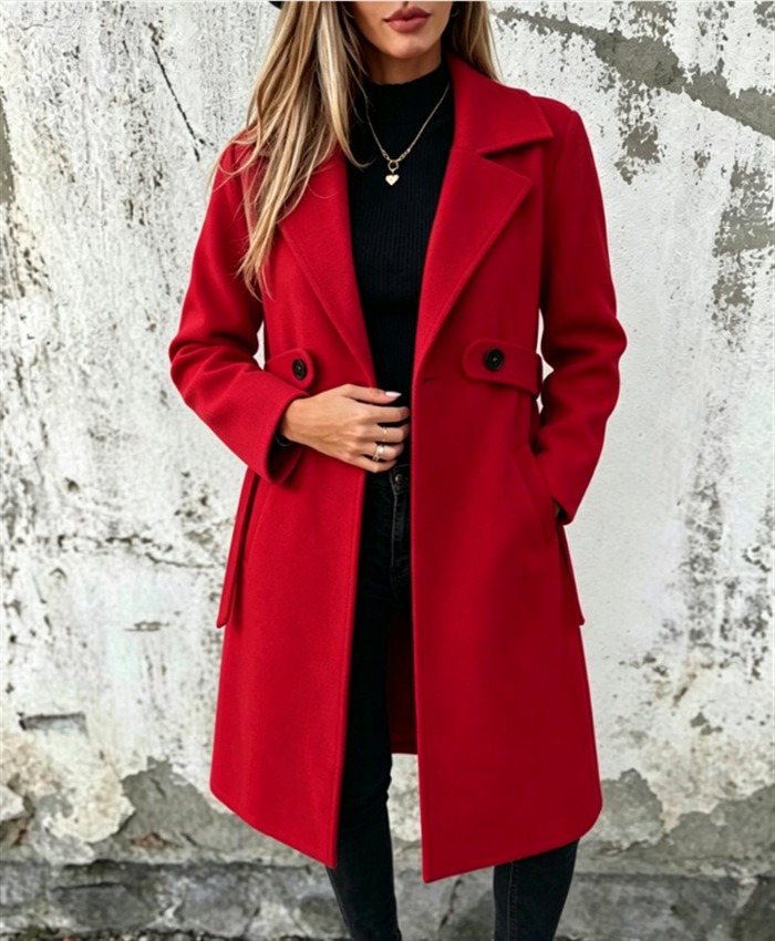 Women Autumn/Winter Classic Casual Minimalist Large Lapel Cinched Waist Button Decoration Pocket Mid-Length Coat Fall Cloth For Women