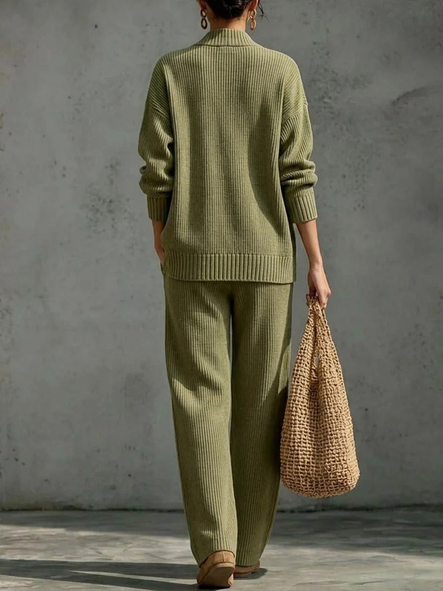 Women's Wrap V-Neck Knit Top & Wide Leg Pants Two Piece Loungewear Set