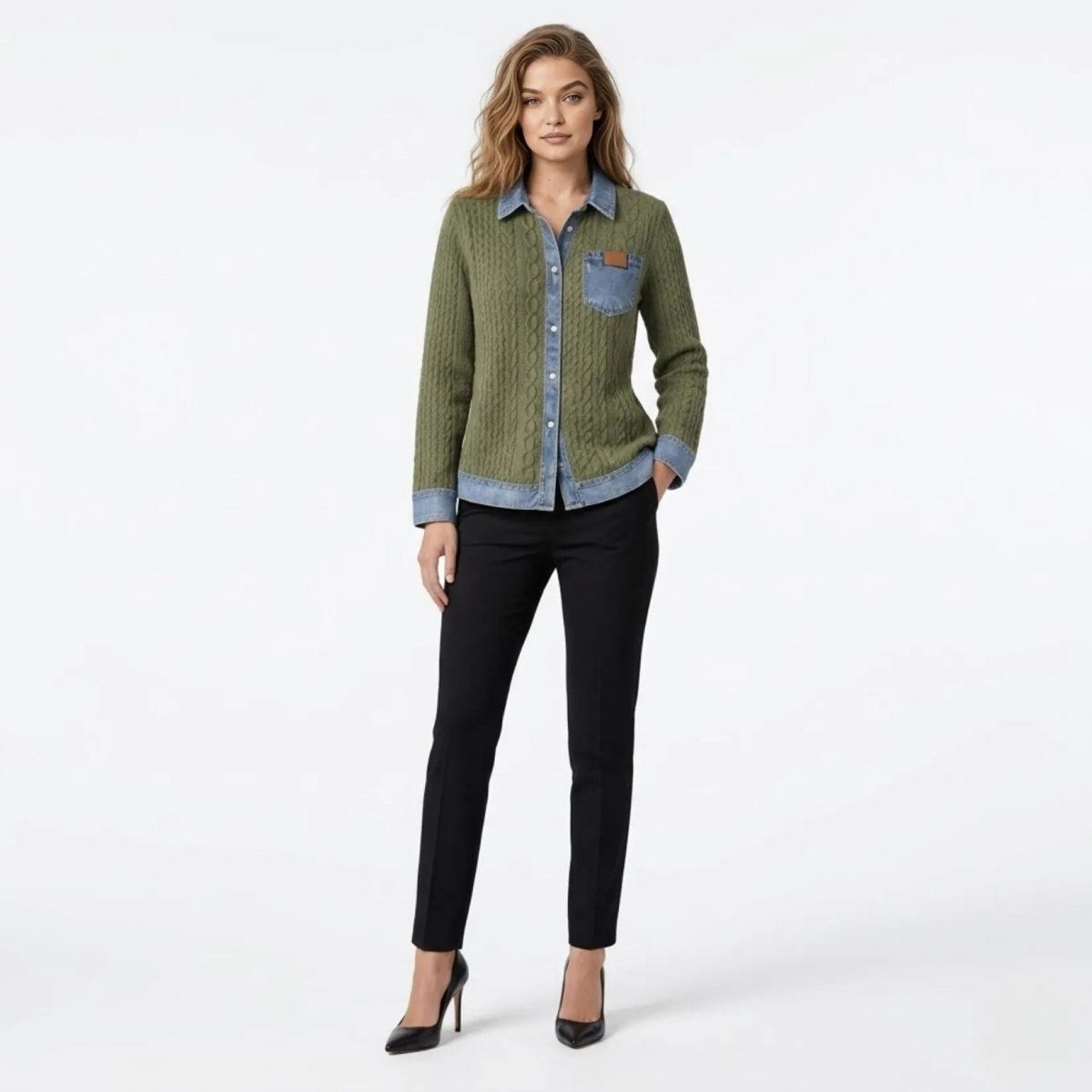 Women Textured Knit Jean Patch Pocket Long Sleeve Oversized Shirt Coat