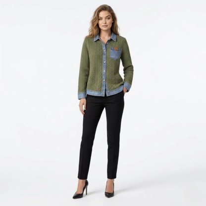 Women Textured Knit Jean Patch Pocket Long Sleeve Oversized Shirt Coat