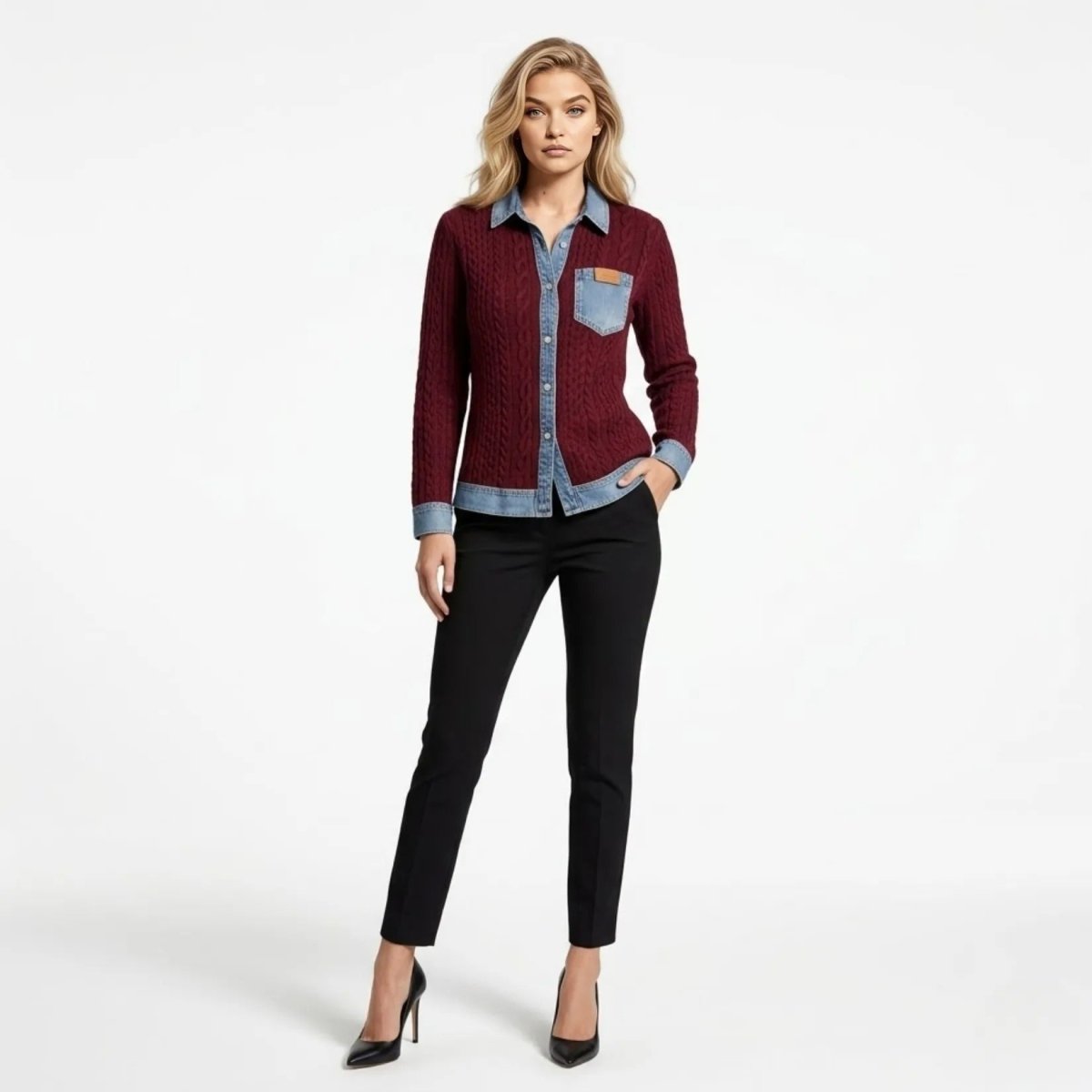 Women Textured Knit Jean Patch Pocket Long Sleeve Oversized Shirt Coat