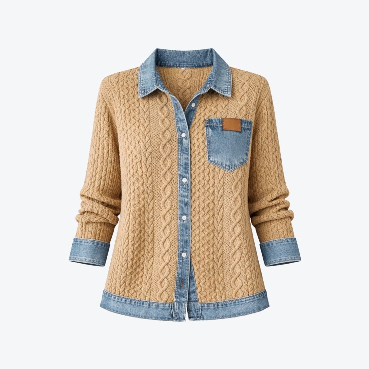 Women Textured Knit Jean Patch Pocket Long Sleeve Oversized Shirt Coat