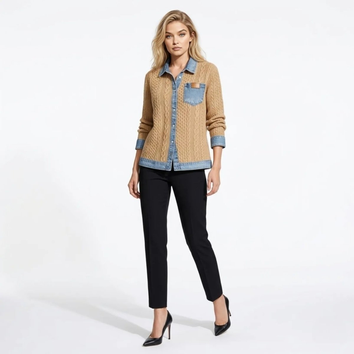 Women Textured Knit Jean Patch Pocket Long Sleeve Oversized Shirt Coat