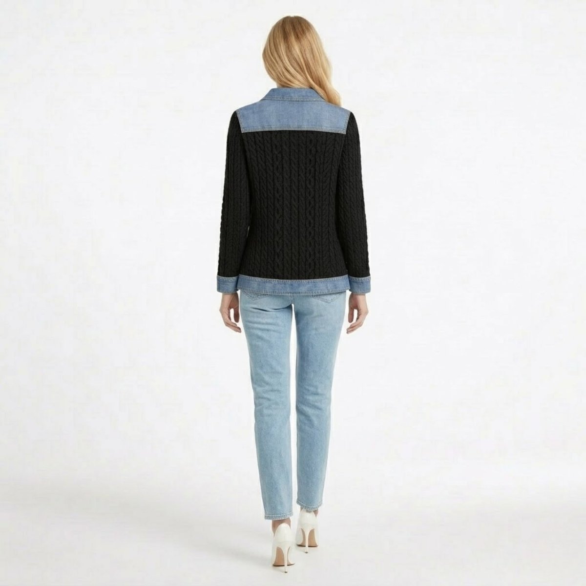Women Textured Knit Jean Patch Pocket Long Sleeve Oversized Shirt Coat