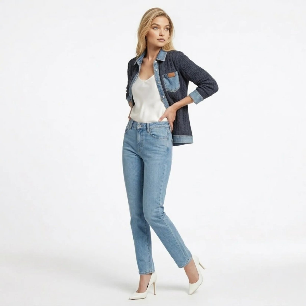Women Textured Knit Jean Patch Pocket Long Sleeve Oversized Shirt Coat