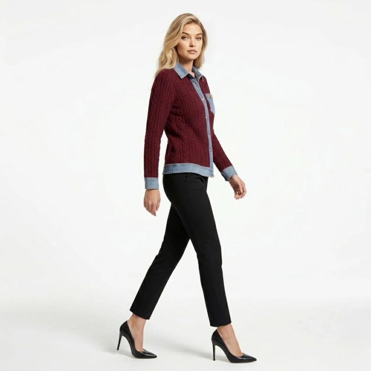 Women Textured Knit Jean Patch Pocket Long Sleeve Oversized Shirt Coat