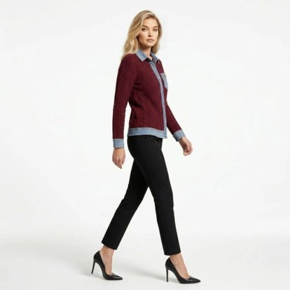 Women Textured Knit Jean Patch Pocket Long Sleeve Oversized Shirt Coat