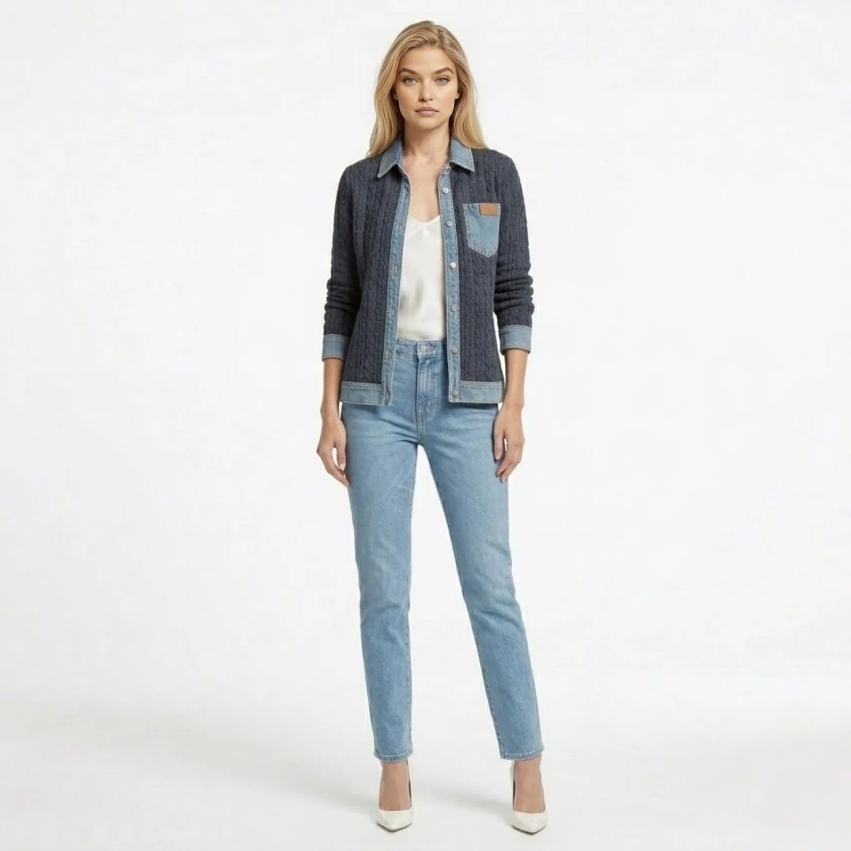 Women Textured Knit Jean Patch Pocket Long Sleeve Oversized Shirt Coat