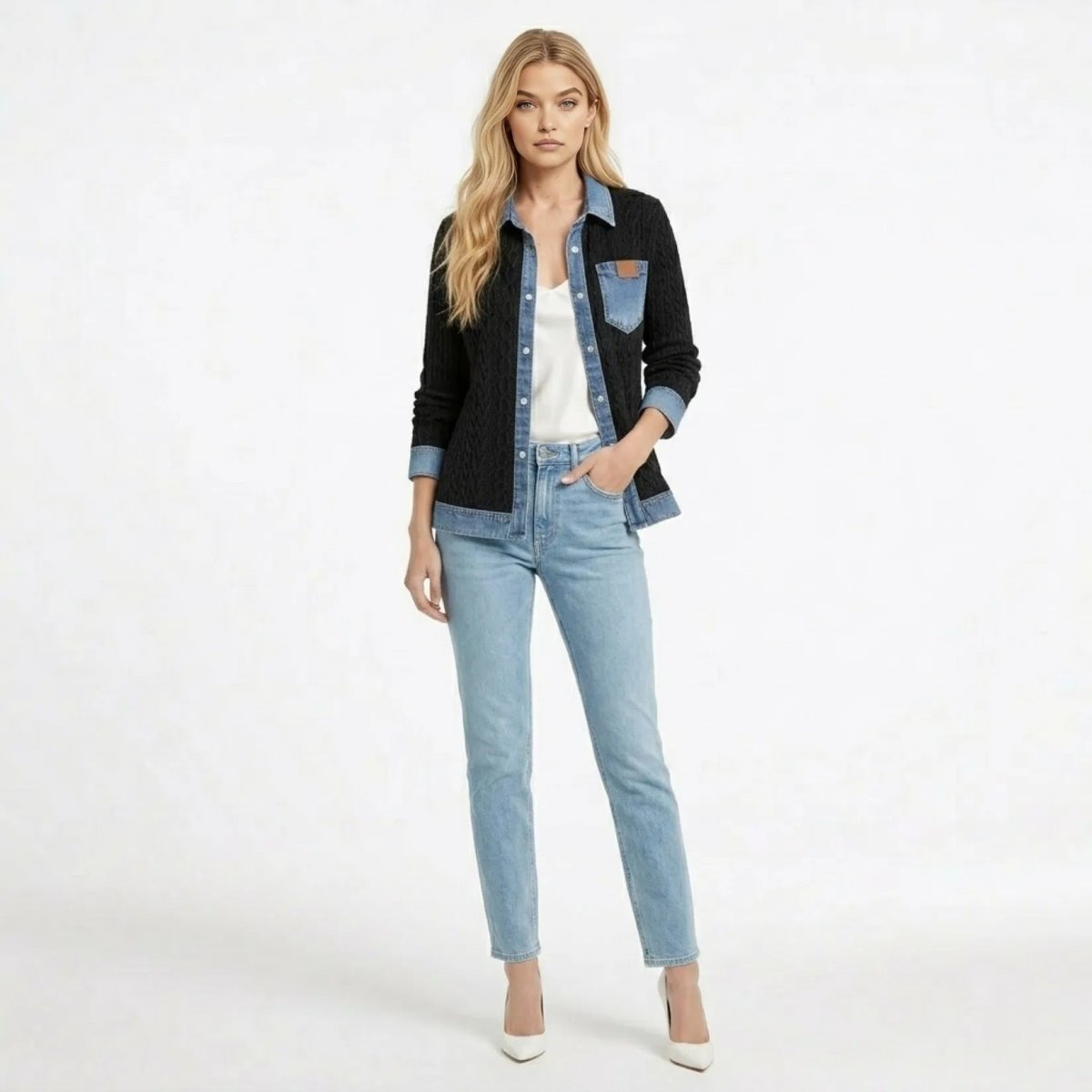 Women Textured Knit Jean Patch Pocket Long Sleeve Oversized Shirt Coat