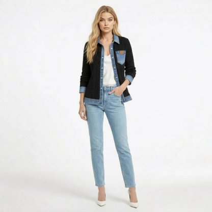 Women Textured Knit Jean Patch Pocket Long Sleeve Oversized Shirt Coat