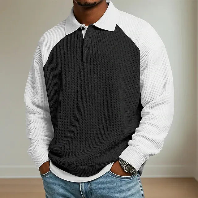 Men's Waffle Polo Shirts Outdoor Causal Lapel Long Sleeve Fashion Modern Solid Color Knitted Spring