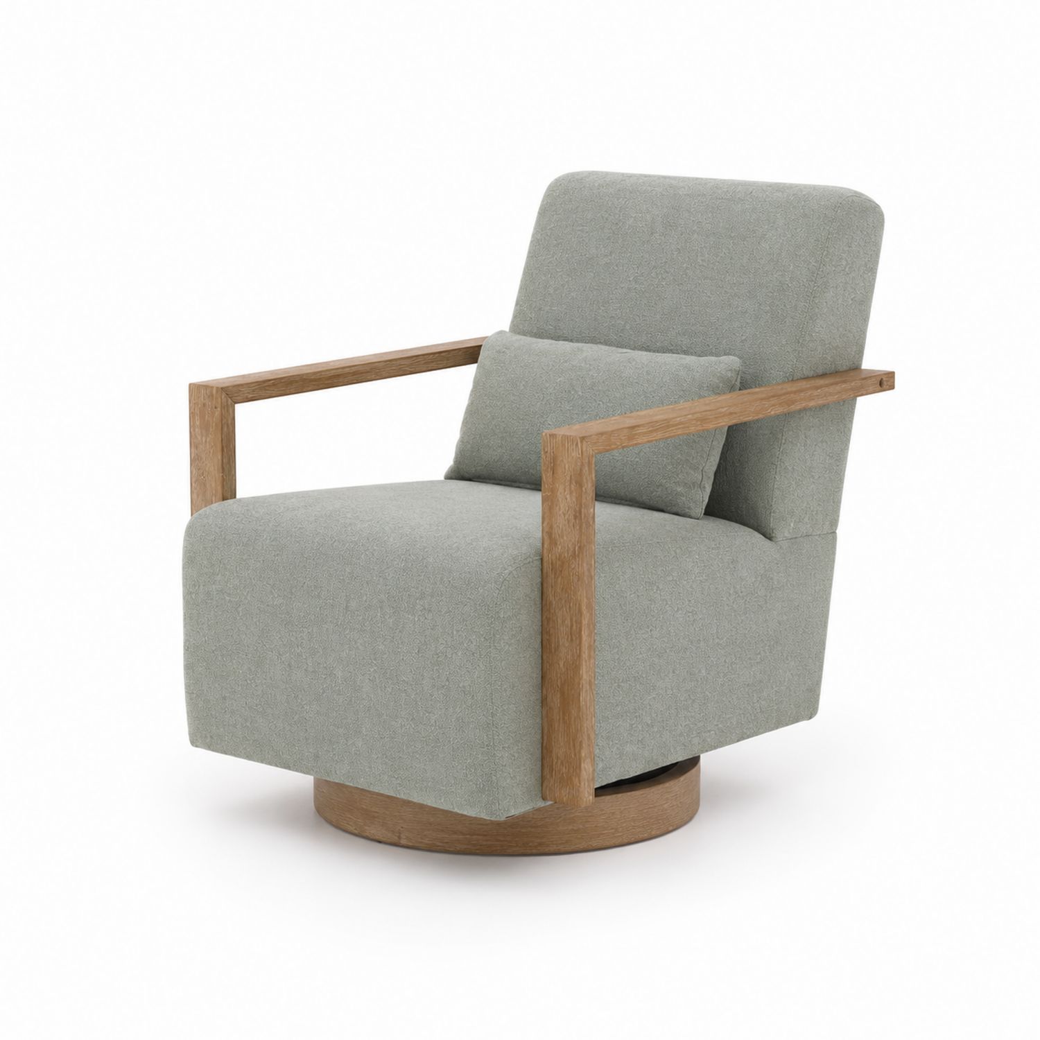 Drehbarer Leinen-Sessel mit Eichenholzarmlehnen in Hellgrau