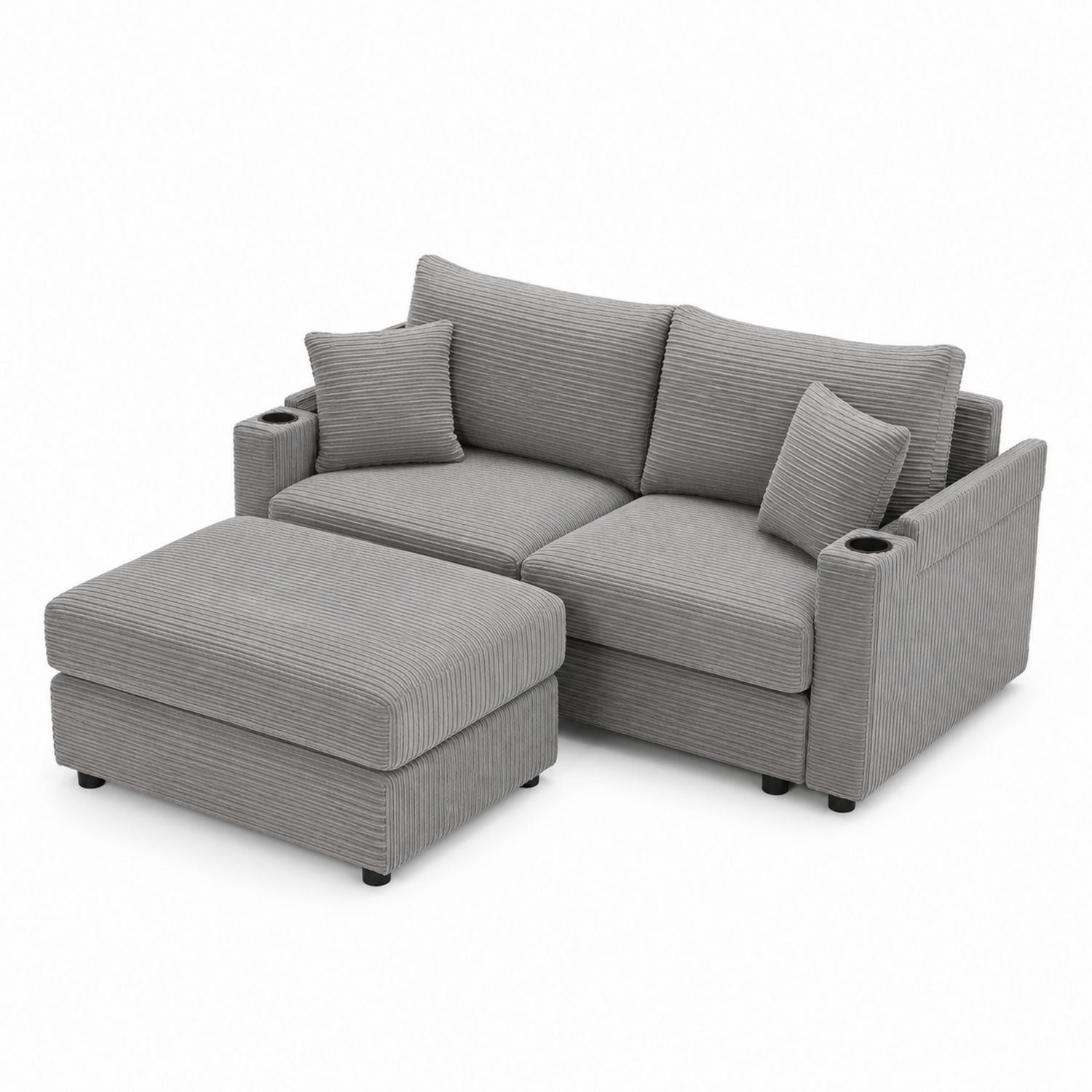 Cord-Sofa-Set Ecksofa mit Hocker Cordstoff Grau