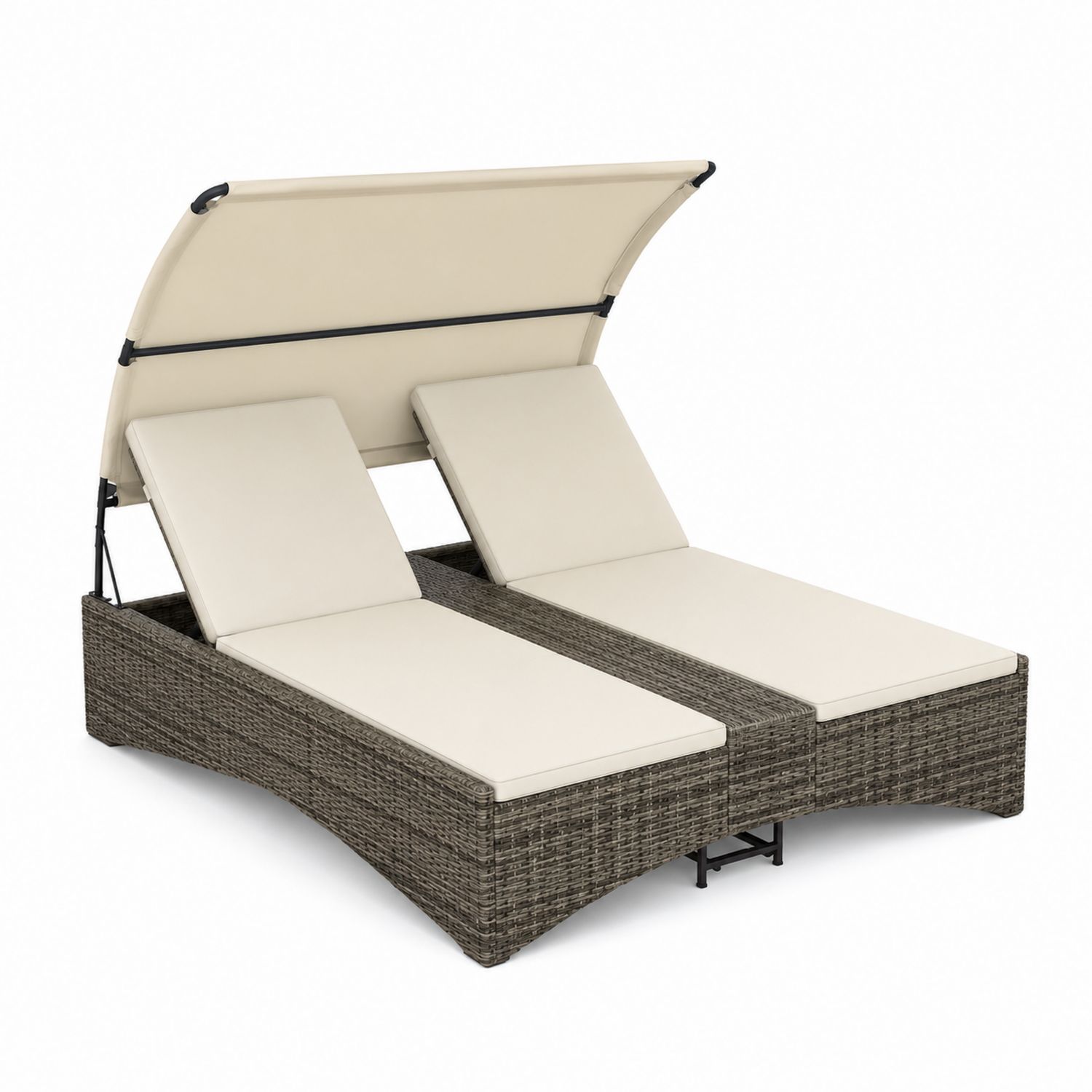 Doppelte Sonnenliege aus Polyrattan mit Sonnendach Beige