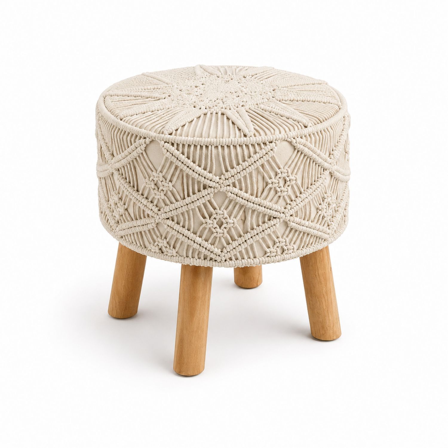 Runder Hocker aus Baumwollgeflecht und Eichenholz, Beige