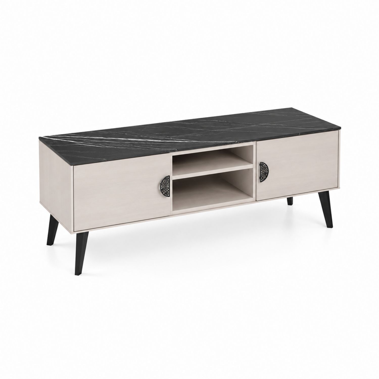 TV-Schrank mit MDF und Kunstmarmor Schwarz/Beige
