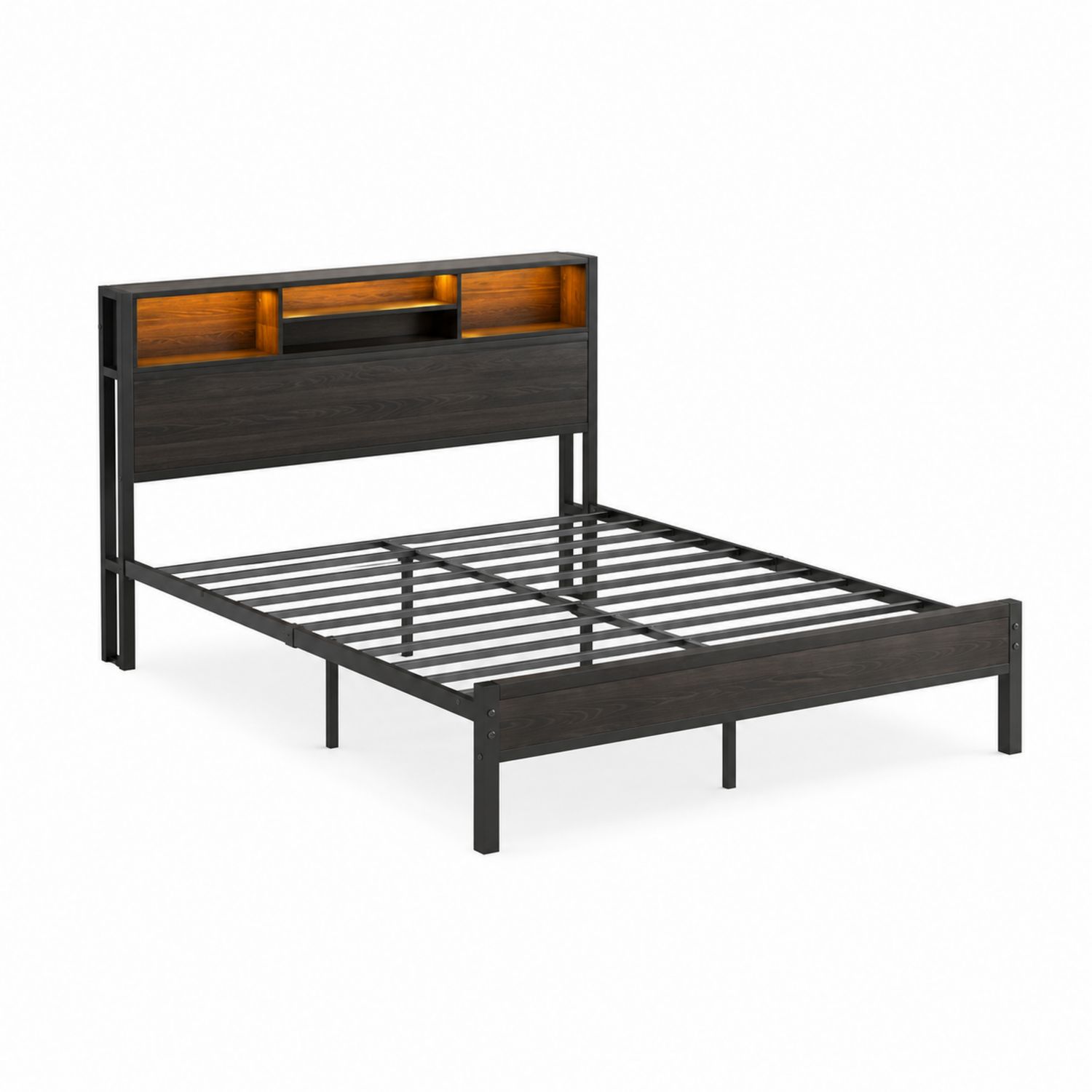 Metallbett mit Holzoptik-Kopfteil und LED 200x140 cm