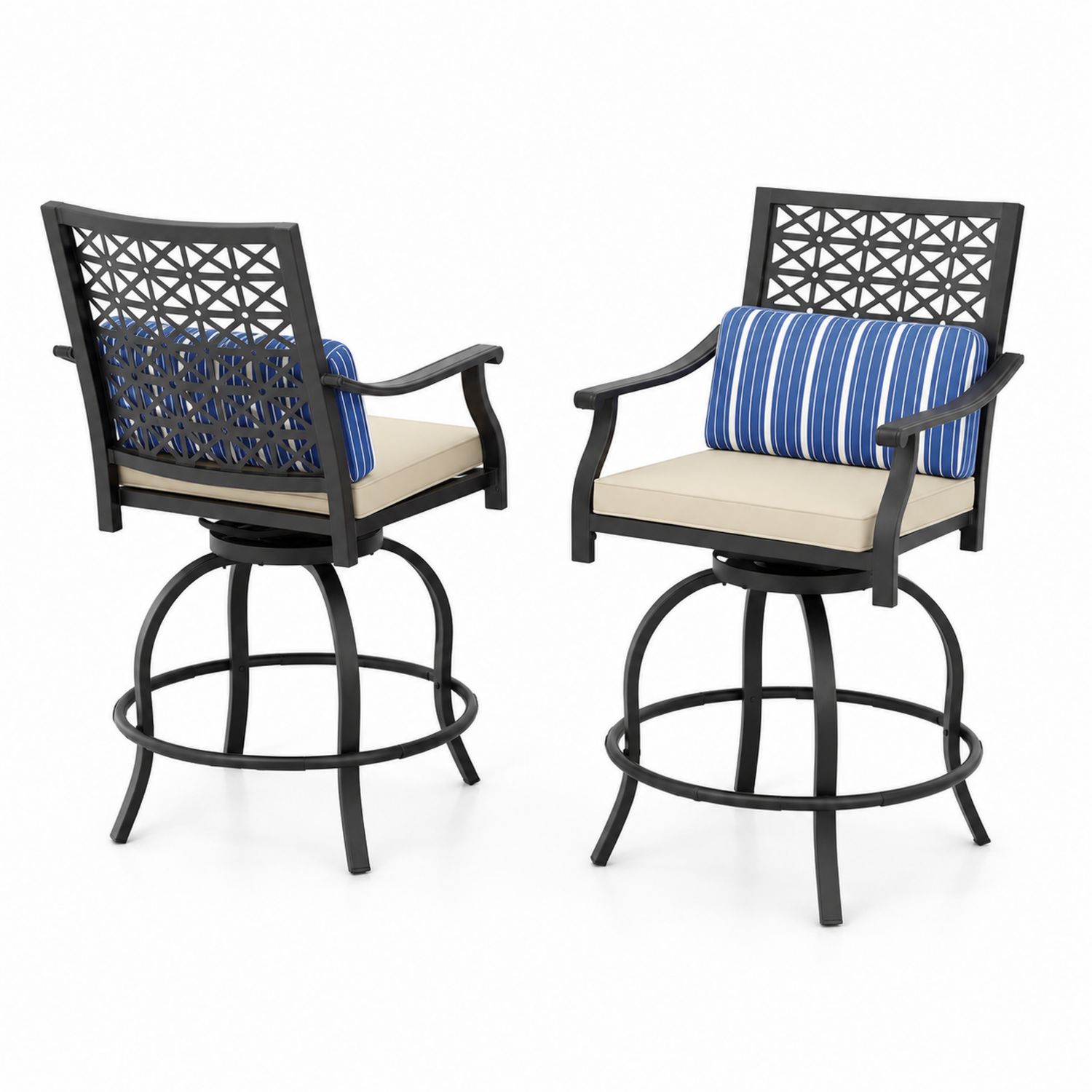 Aluminium Outdoor Barstuhl Set 2 Stück drehbar mit Kissen Schwarz Beige Blau