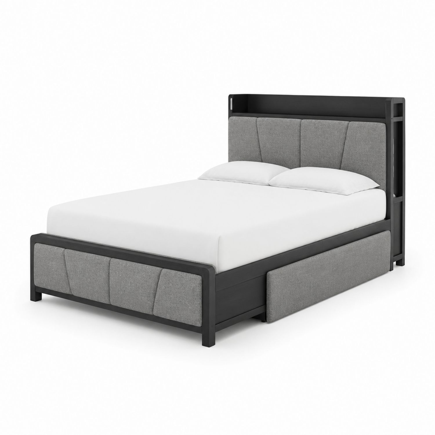 Doppelbett mit Holzrahmen und grauem Stoff 160x200 cm