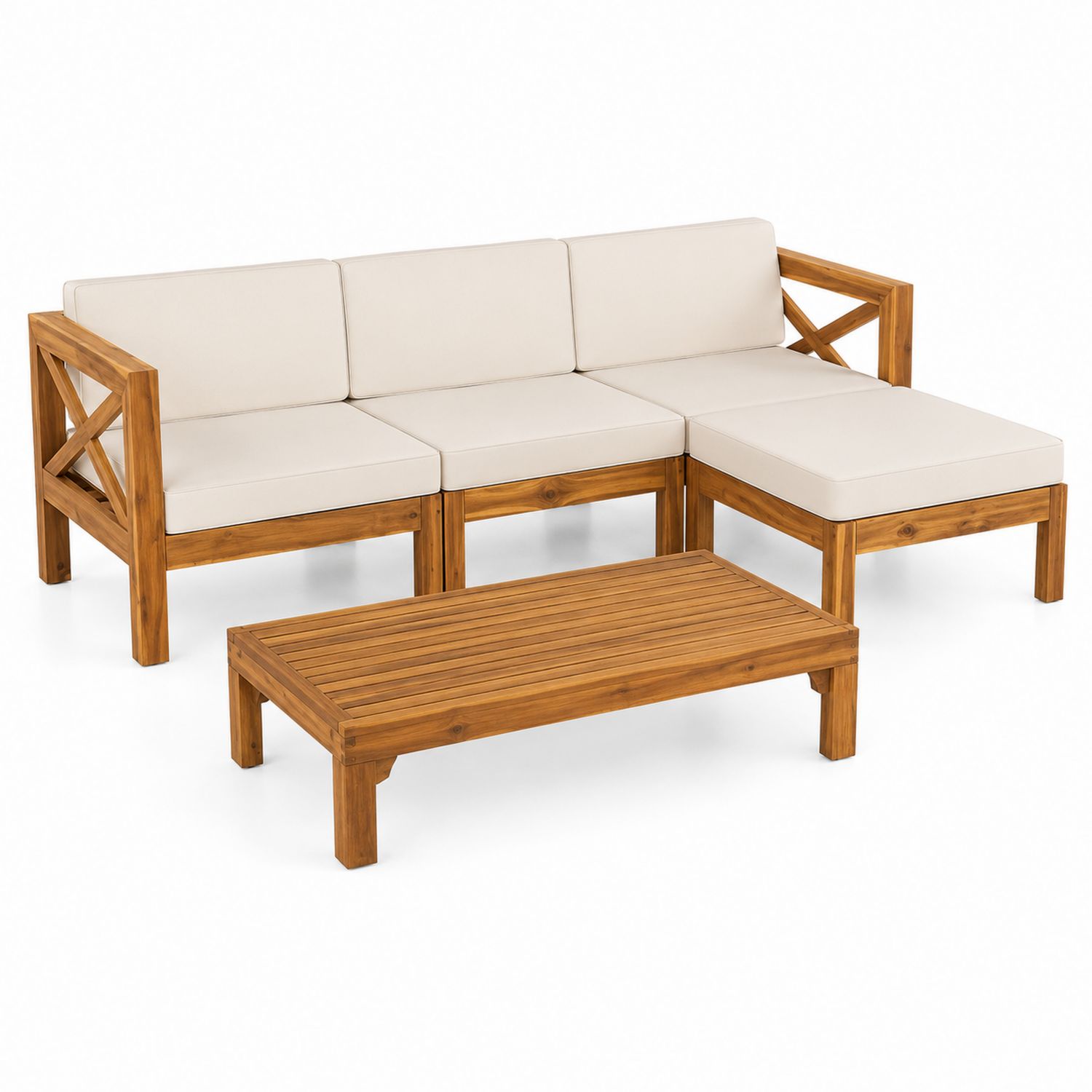 Outdoor Ecksofa Set aus Holz mit Kissen in Natur und Beige