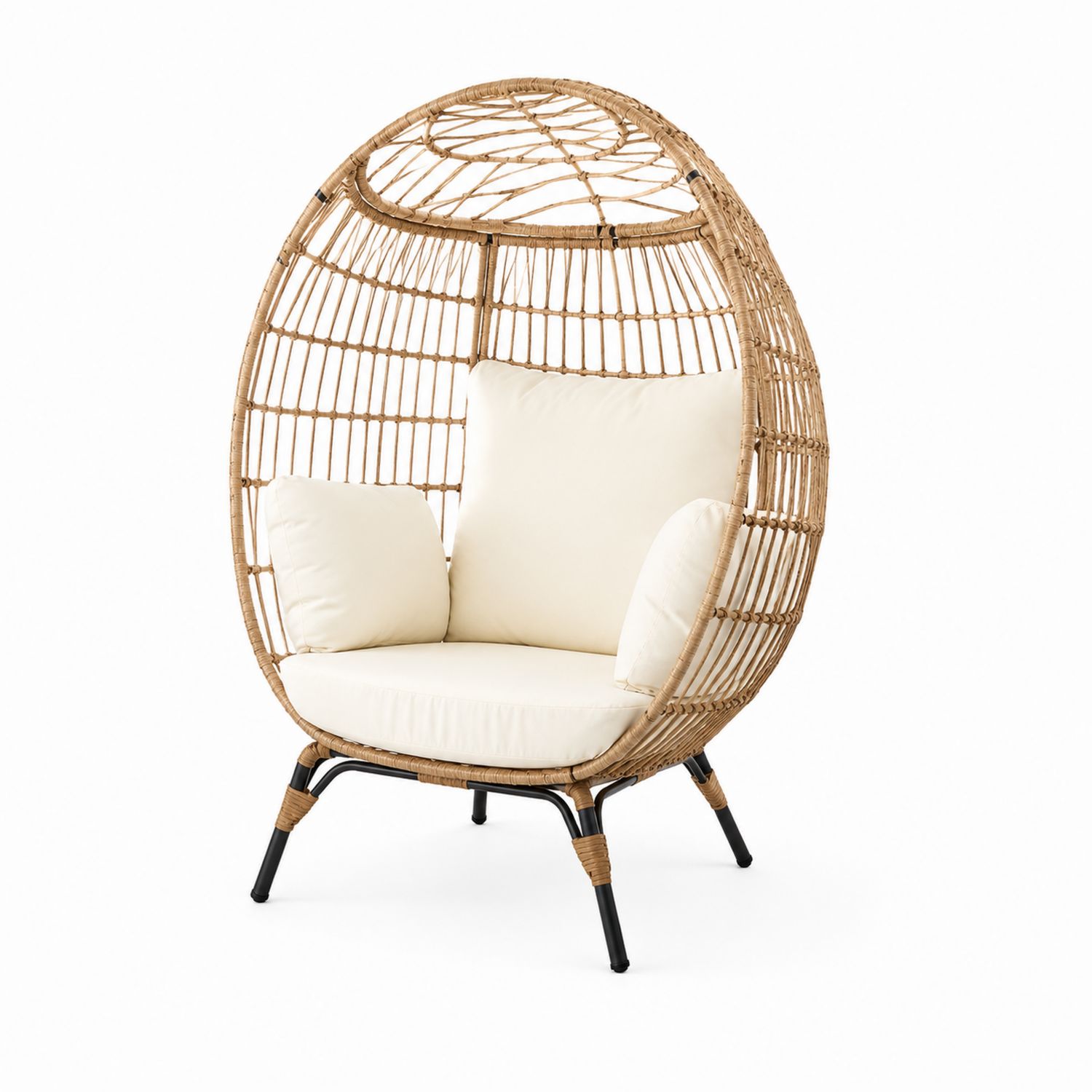 Ei-förmiger Stuhl aus Polyrattan mit Stahlrahmen und Polster Creme