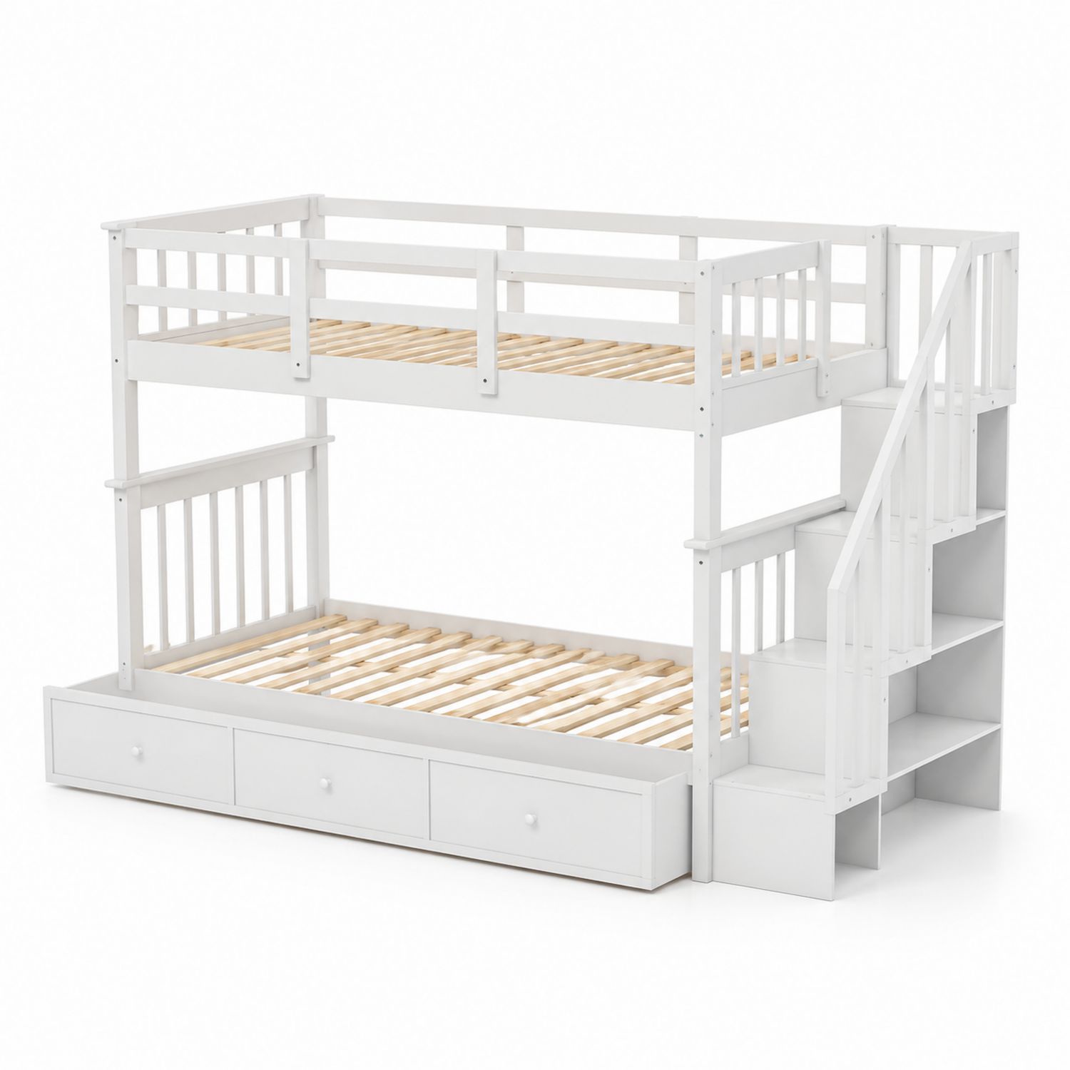 Etagenbett aus Kiefernholz Weiß mit Treppe und Schubladen