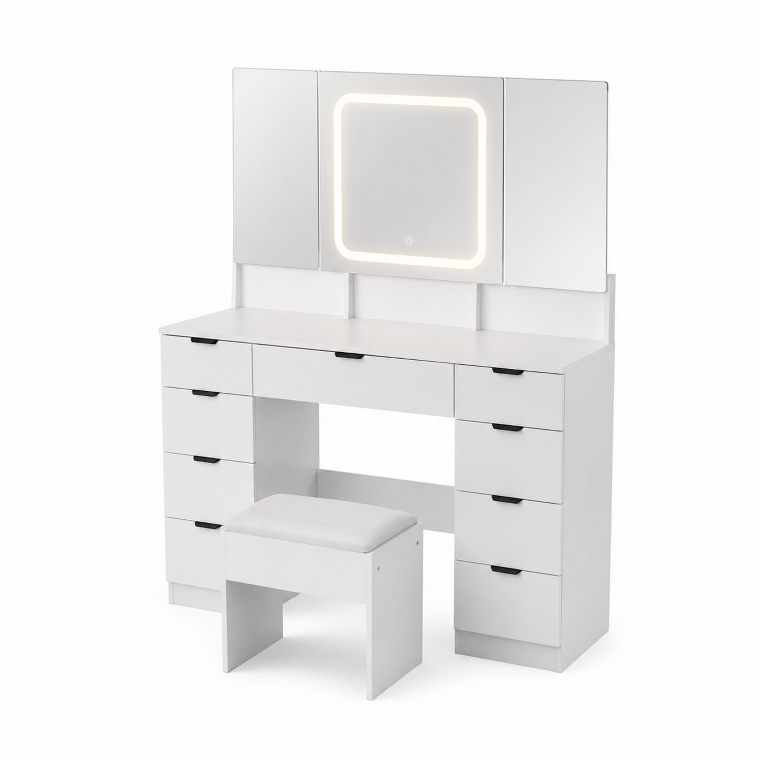 Schminktisch mit LED beleuchtetem Spiegel und Hocker Weiß