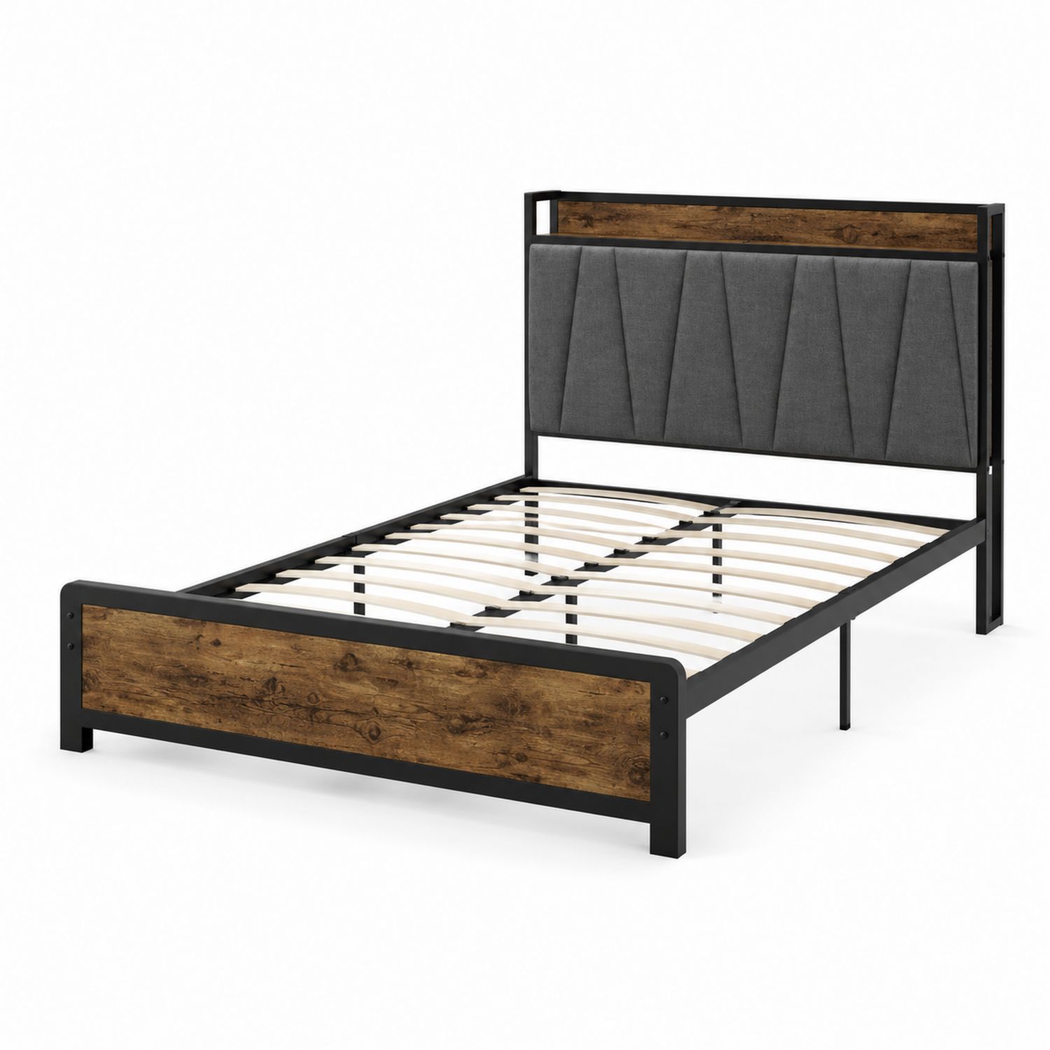 Metallbett mit Holzoptik und Stoffkopfteil, 200x140 cm, Schwarz/Braun/Grau