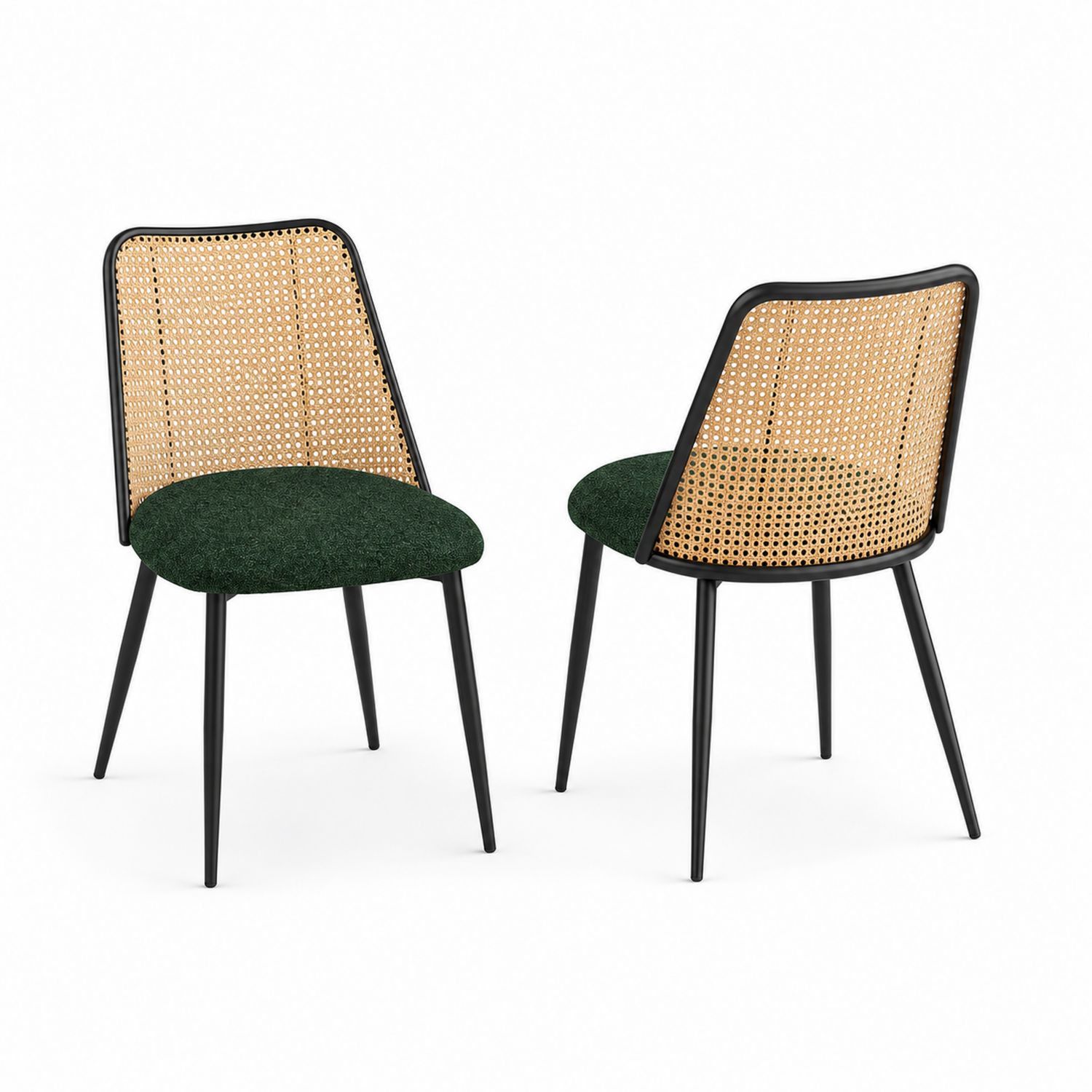 Esszimmerstuhl Set mit Rattan-Rücken und Stoffpolsterung Grün Schwarz Metall 2er-Set