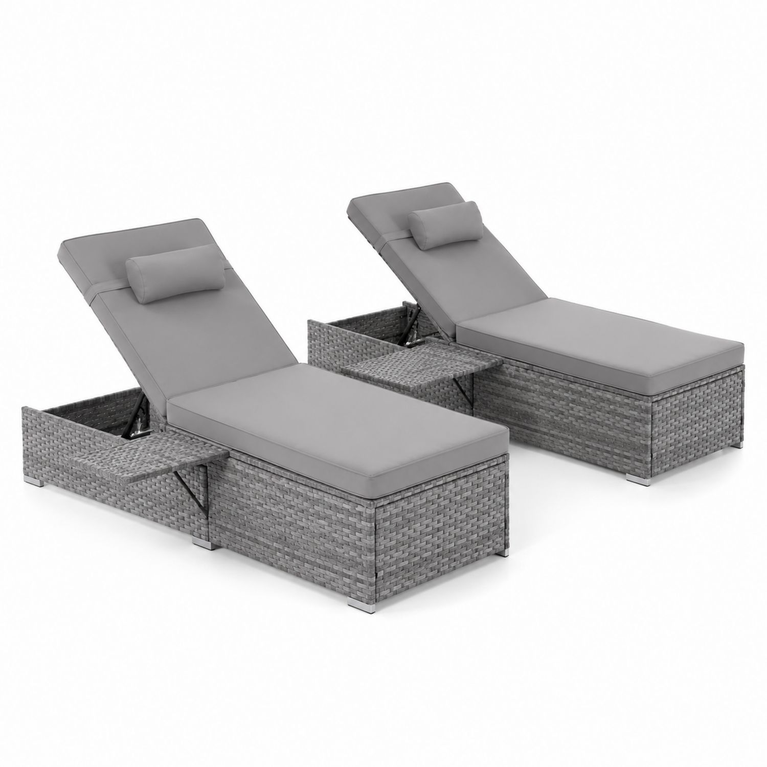 Set di 2 Lettini Prendisole in Rattan Sintetico Grigio con Cuscini-Lumveron