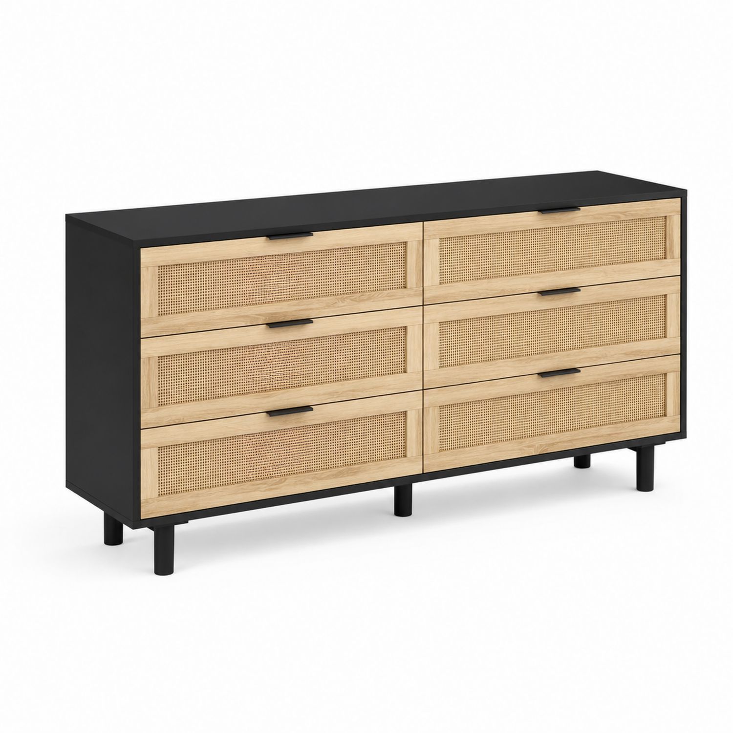 Cassettiera in legno e rattan nera e naturale con sei cassetti-Lumveron