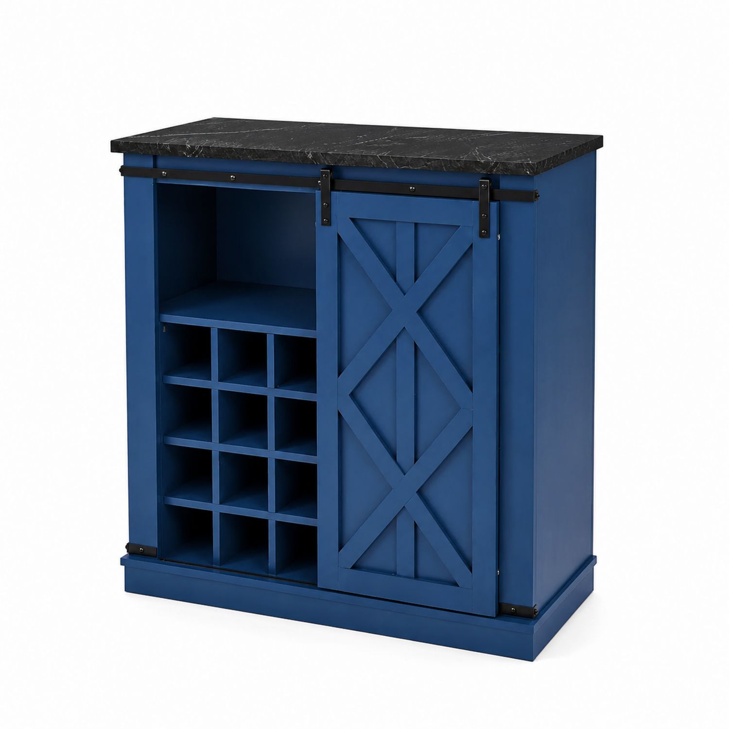 Credenza in legno blu con piano in marmo sintetico e portabottiglie-Lumveron
