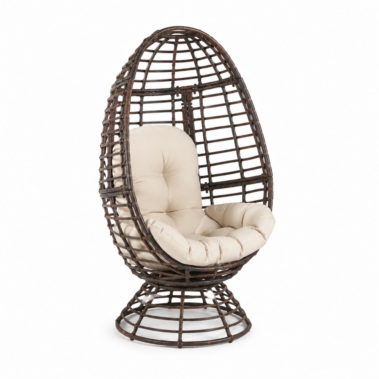 Poltrona sospesa da esterno in rattan marrone con cuscino in poliestere crema-Lumveron