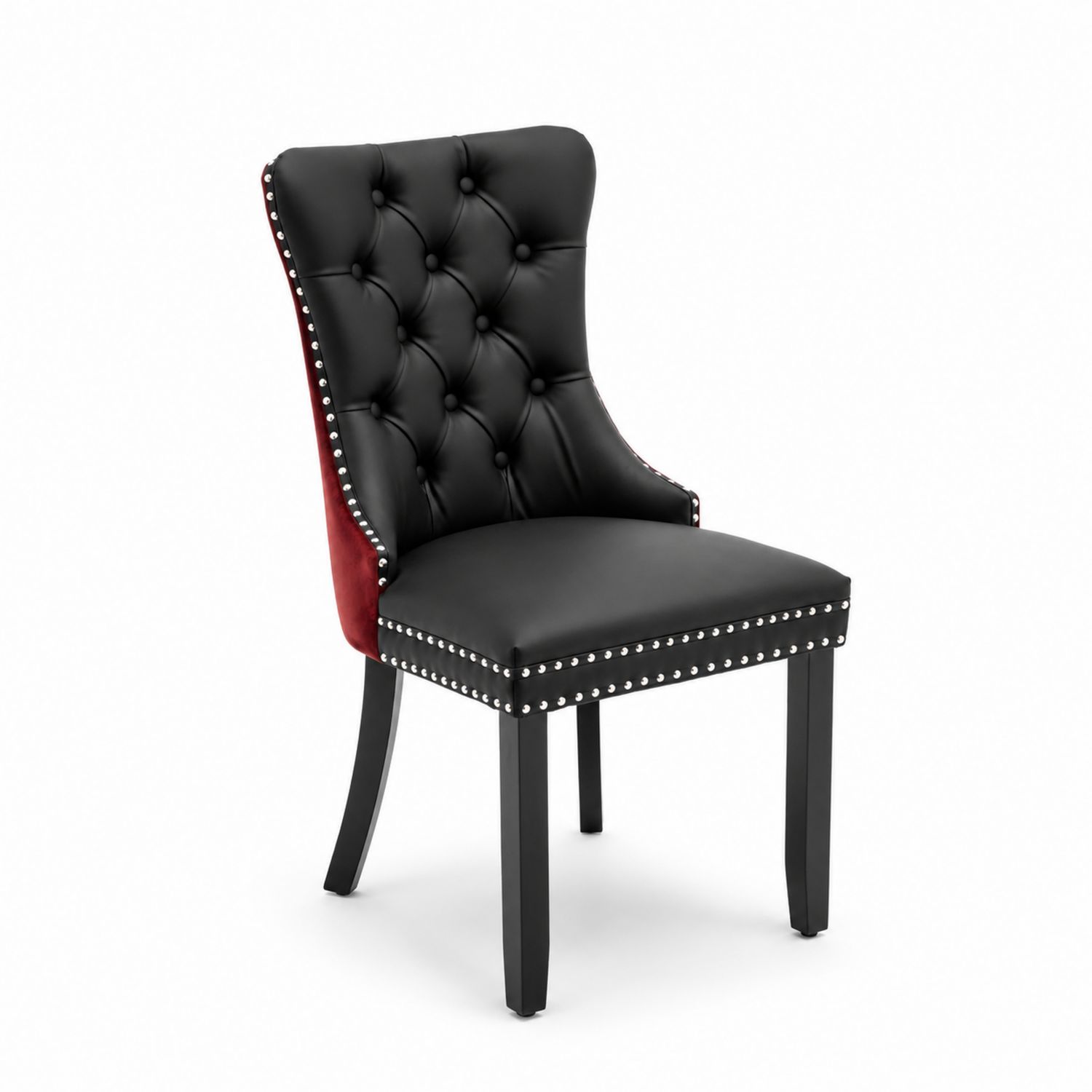 Sedia in Pelle Nera e Velluto Rosso con Borchie-Lumveron