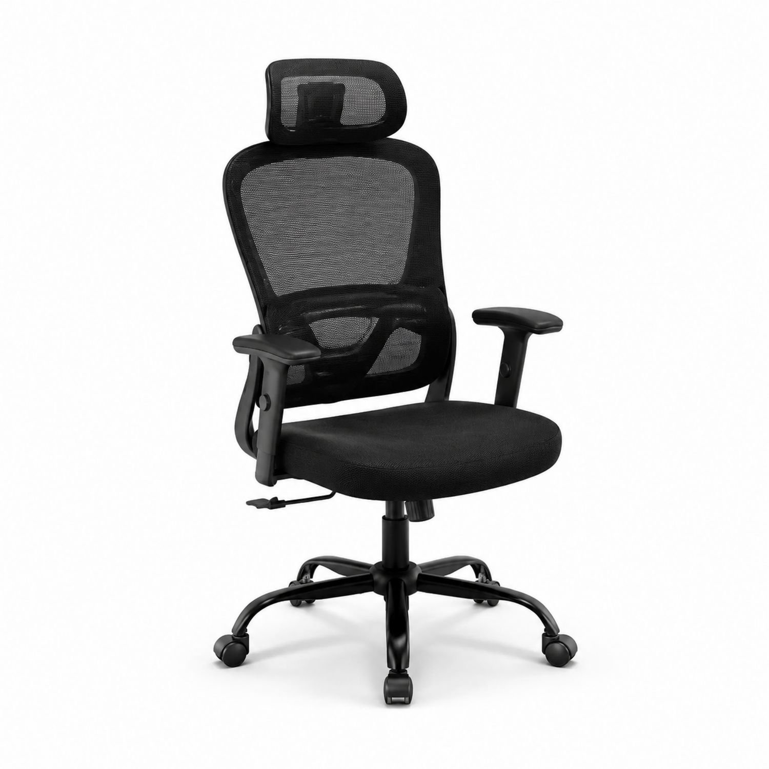 Sedia ergonomica in poliestere nero con poggiatesta regolabile-Lumveron