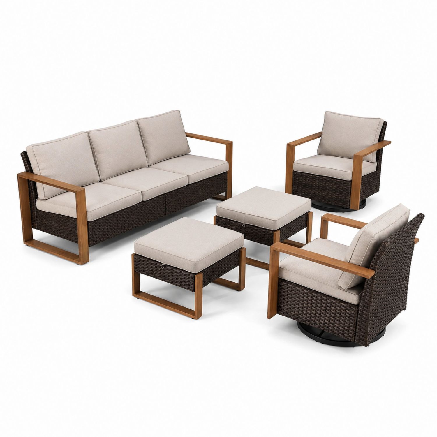 Set divano da esterno in legno e rattan sintetico con cuscini beige-Lumveron