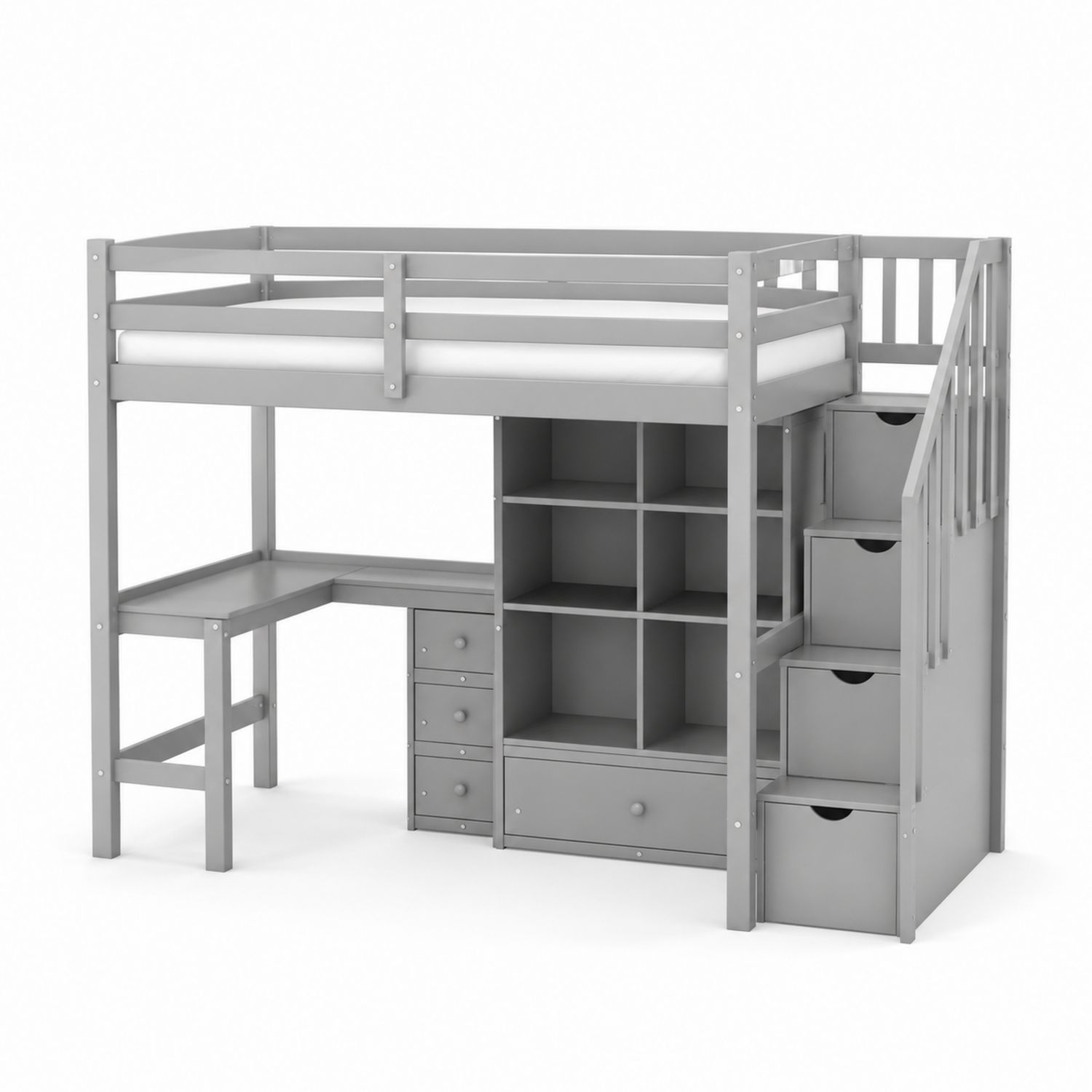 Letto a soppalco con scrivania integrata e scaffalature in legno grigio-Lumveron