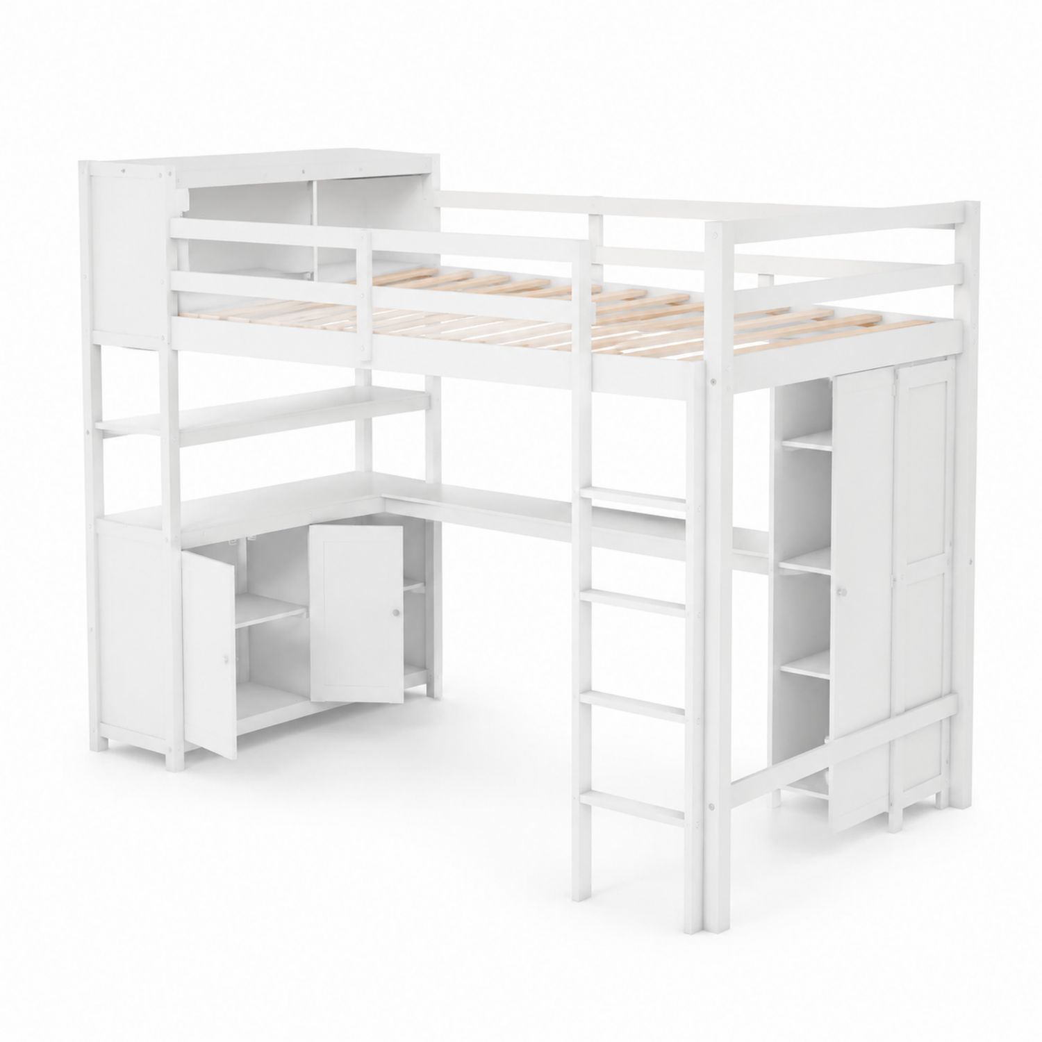 Letto a soppalco in legno bianco con scala e armadi 200x90 cm-Lumveron