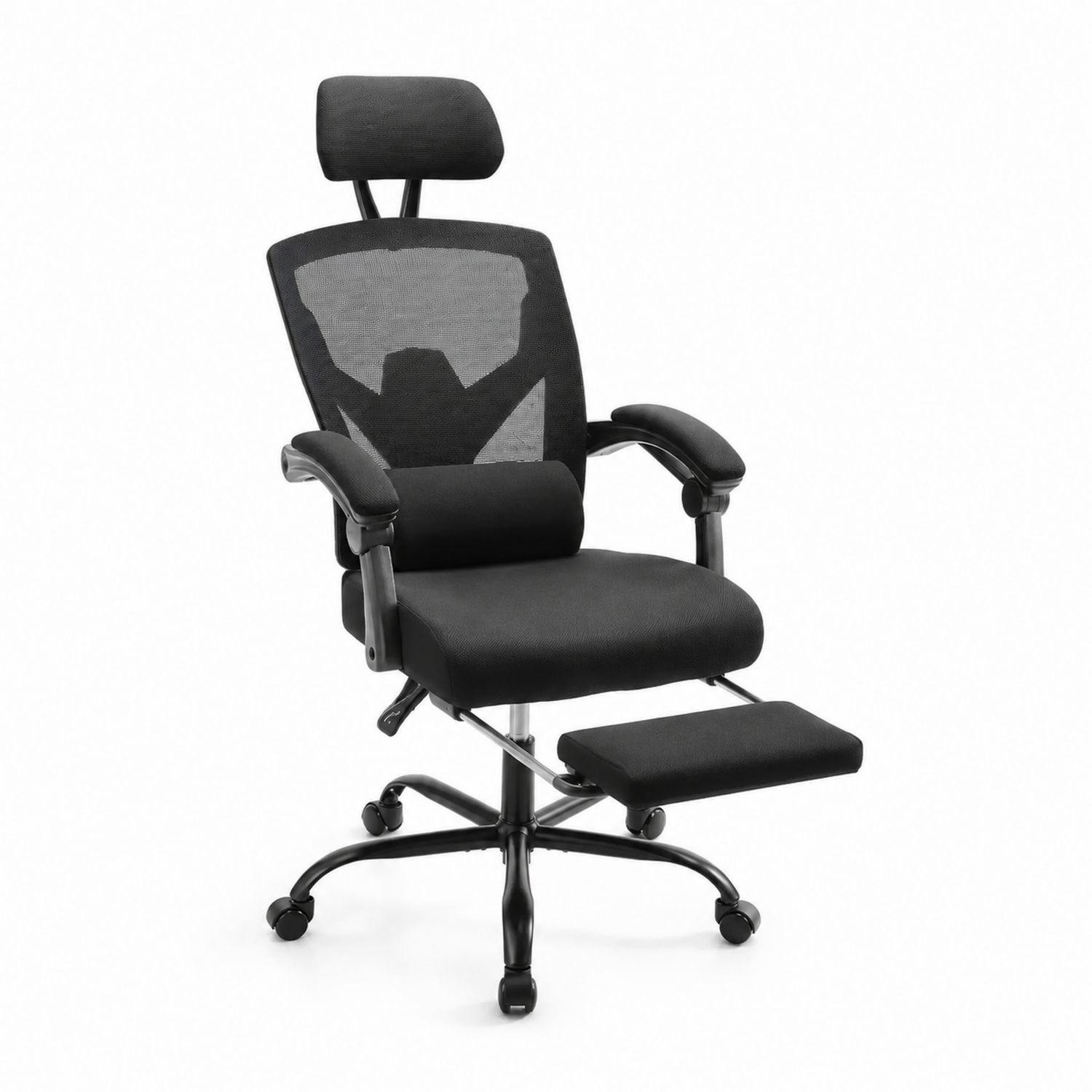 Sedia ergonomica in tessuto nero e rete con poggiapiedi regolabile-Lumveron