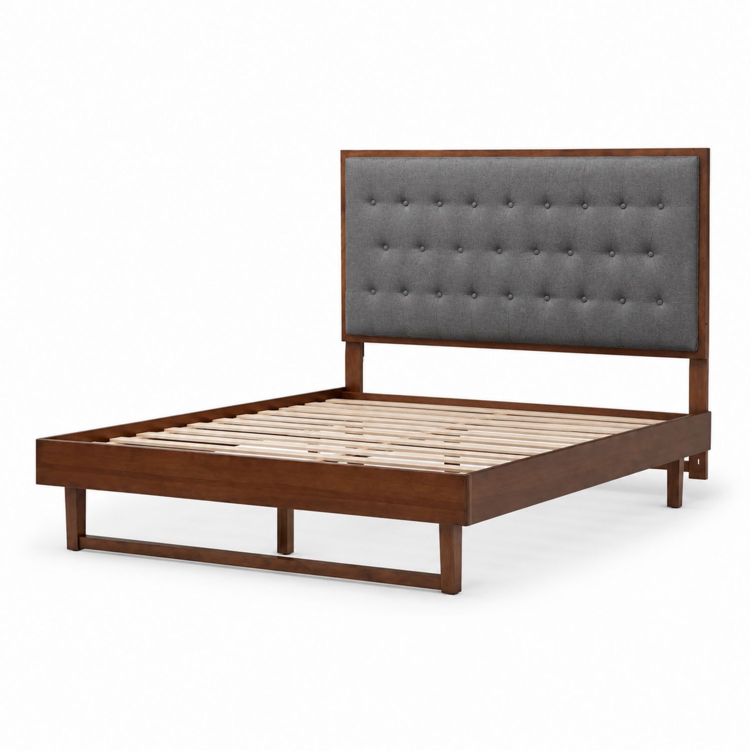 Letto matrimoniale legno con testiera in tessuto grigio-Lumveron
