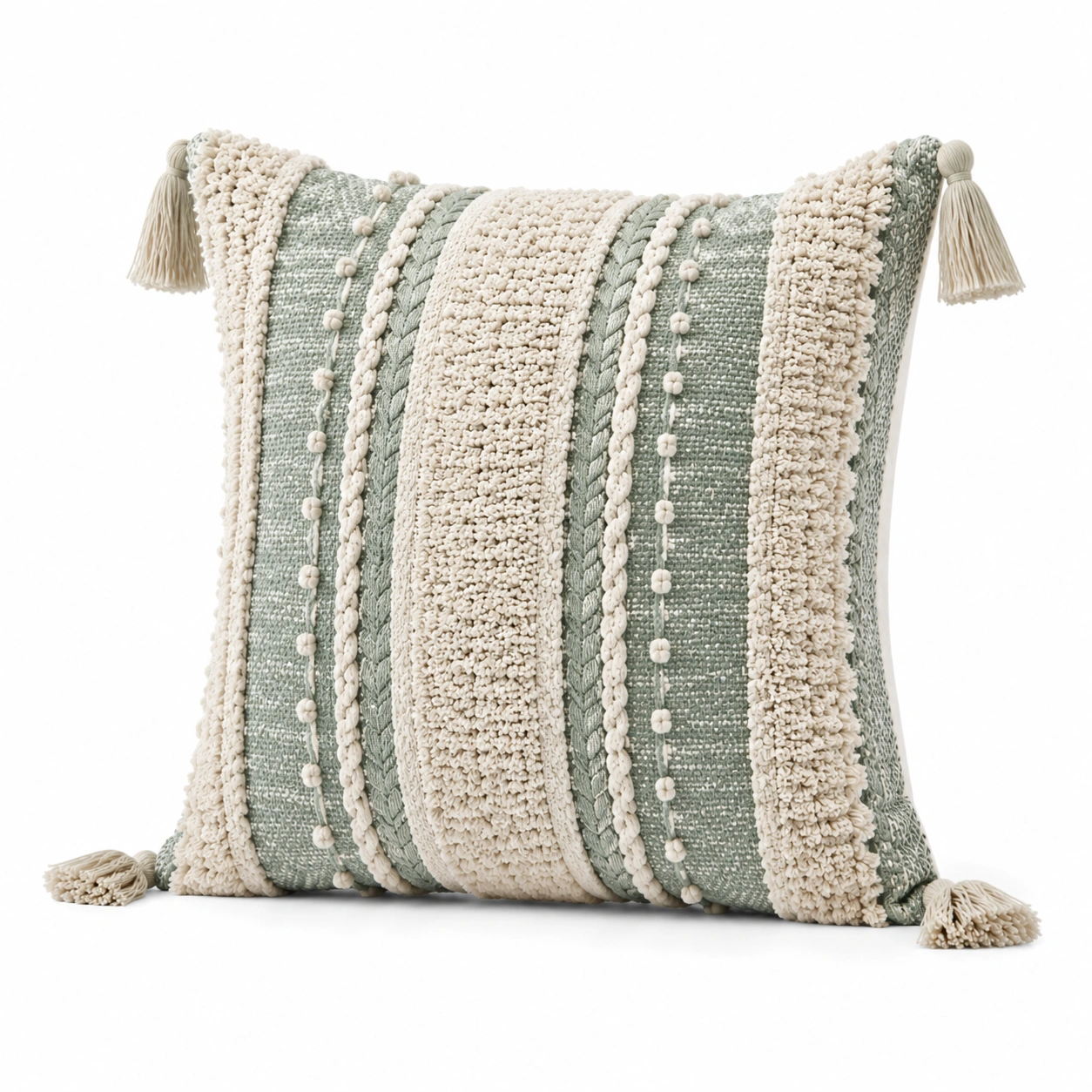 Cuscino Decorativo con Nappe e Righe Verde e Crema-JORQELVIN