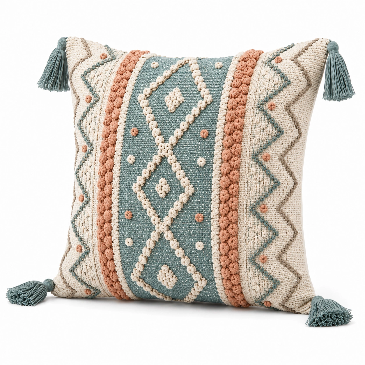 Cuscino Decorativo Boho 45x45cm con Nappine Crema, Blu e Terracotta-JORQELVIN