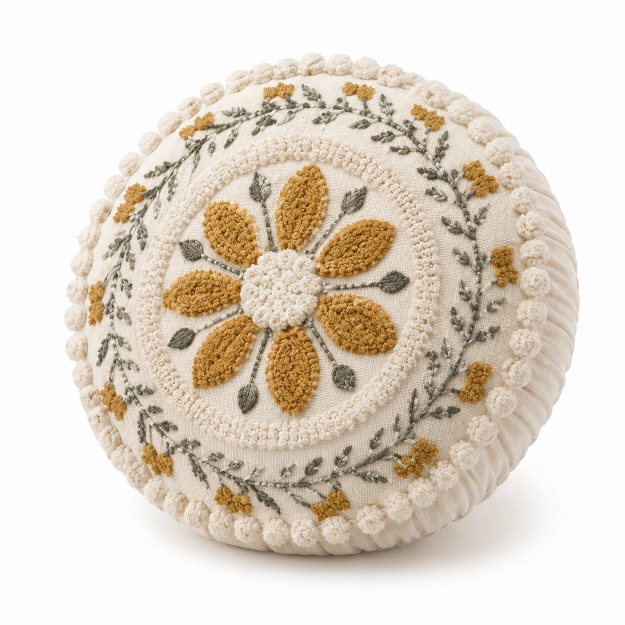 Cuscino Decorativo Rotondo Ricamato Floreale Crema/Giallo-JORQELVIN